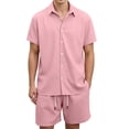 thumbnail image 1 of Men 2 Piece Outfit Solid Short Sleeve Button Shirt and Drawstring Shorts Summer Casual Set Pink L, 1 of 6