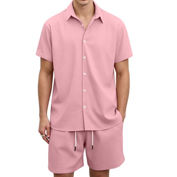 Men 2 Piece Outfit Solid Short Sleeve Button Shirt and Drawstring Shorts Summer Casual Set Pink L
