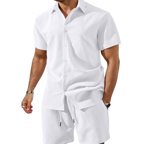 Men 2 Piece Outfit Solid Short Sleeve Button Shirt and Drawstring Shorts Summer Casual Set White S
