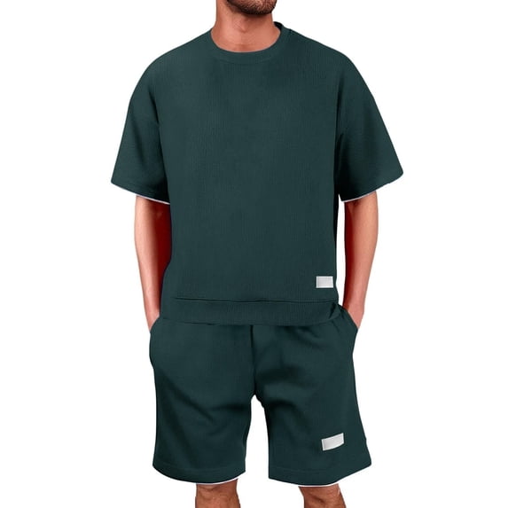 Men 2 Piece Outfits Summer Shorts Sets Tracksuit Crewneck T-Shirts And Drawstring Pants Casual Comfy Jogging Set, L