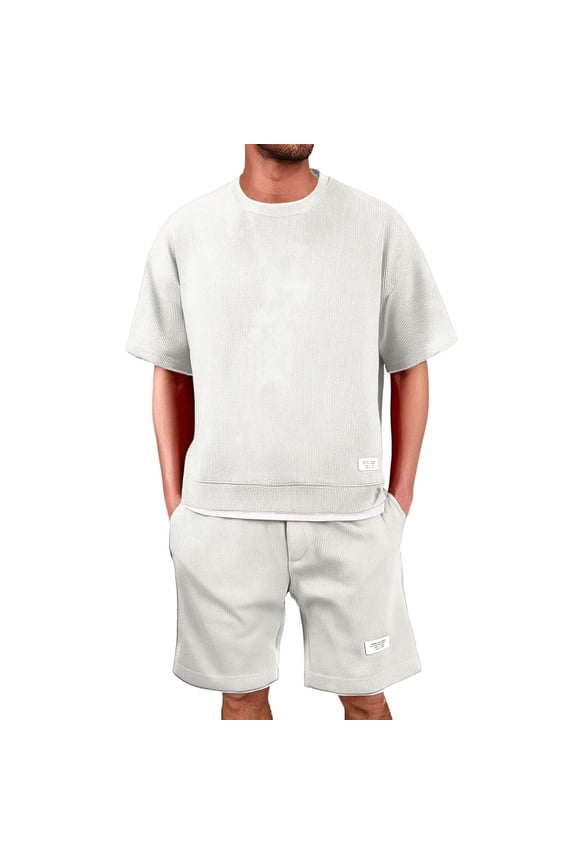 Men 2 Piece Outfits Summer Shorts Sets Tracksuit Crewneck T-Shirts And Drawstring Pants Casual Comfy Jogging Set, M