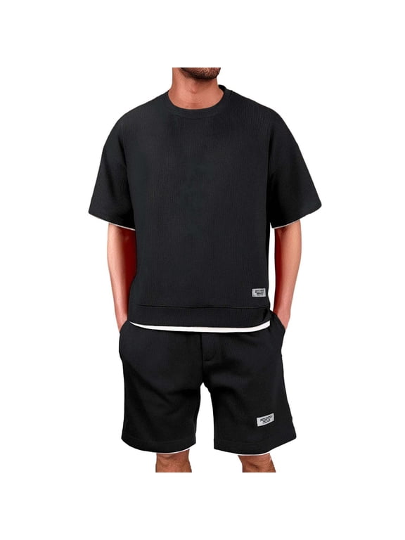 Men 2 Piece Outfits Summer Shorts Sets Tracksuit Crewneck T-Shirts And Drawstring Pants Casual Comfy Jogging Set, XL