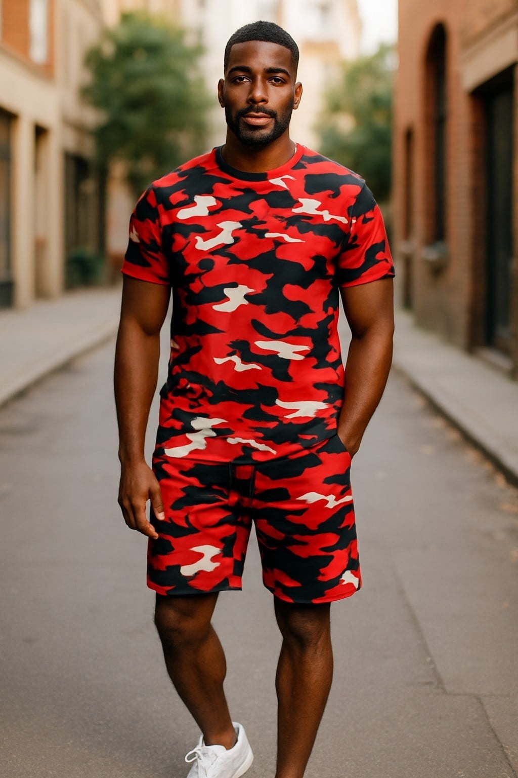 camo red training shorts