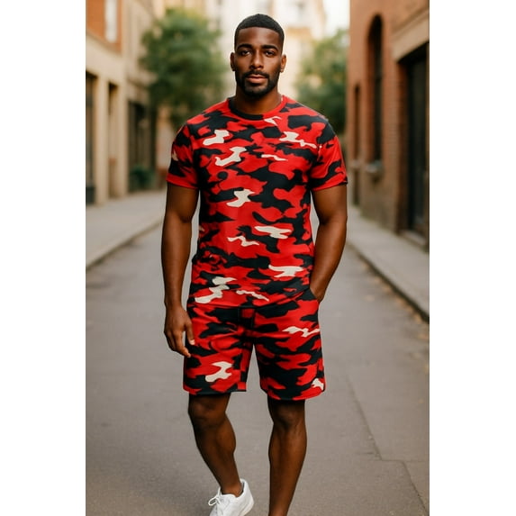 Men 2 Piece Premium Printed Shirt & Short Camouflage Short Set
