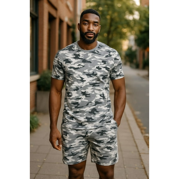 Men 2 Piece Premium Printed Shirt & Short Camouflage Short Set