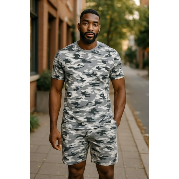 Men 2 Piece Premium Printed Shirt & Short Camouflage Short Set