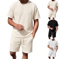 thumbnail image 1 of Men 2 Piece Textured Tracksuit Set, Diamond Jacquard Crew Neck Short Sleeve T-Shirt and Drawstring Elastic Waist Shorts Summer Casual Loungewear Size M-5XL Beige, 1 of 9