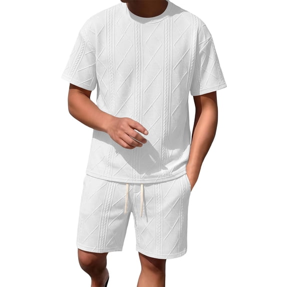 Men 2 Piece Textured Tracksuit Set, Diamond Jacquard Crew Neck Short Sleeve T-Shirt and Drawstring Elastic Waist Shorts Summer Casual Loungewear Size M-5XL White