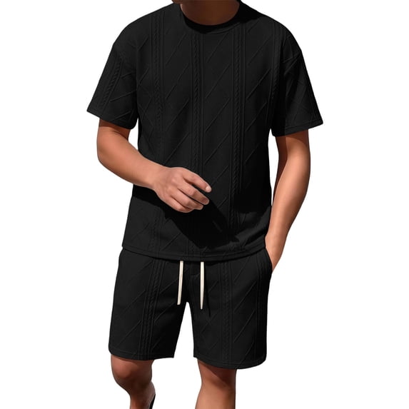 Men 2 Piece Textured Tracksuit Set, Diamond Jacquard Crew Neck Short Sleeve T-Shirt and Drawstring Elastic Waist Shorts Summer Casual Loungewear Size M-5XL Black
