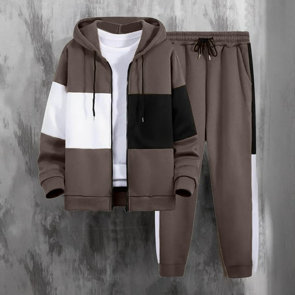Men 2 Piece Tracksuit Outfit Contrast Color Patchwork Hoodie Sweatshirt Sweatpants Casual Jogging Sweatsuit Set Brown XL