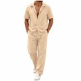 thumbnail image 1 of Men 2 Piece Vertical Textured Loose Matching Outfit, Lapel Collar Button Down Short Sleeve Shirt & Drawstring Waist Wide Leg Long Pants Summer Beach Tracksuit Khaki, 1 of 6