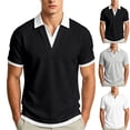 thumbnail image 1 of Men 2 in 1 Striped Trim Polo Shirt, Contrast Striped Lapel V Neck Short Sleeve Breathable Casual Summer Top Black, 1 of 9