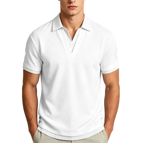 Men 2 in 1 Striped Trim Polo Shirt, Contrast Striped Lapel V Neck Short Sleeve Breathable Casual Summer Top White
