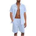 thumbnail image 1 of Men 2 piece Linen Shirts Sets Beach Vacation Guayabera Outfit Short Sleeve Button Down Drawstring Loose Shorts Suit, 1 of 4