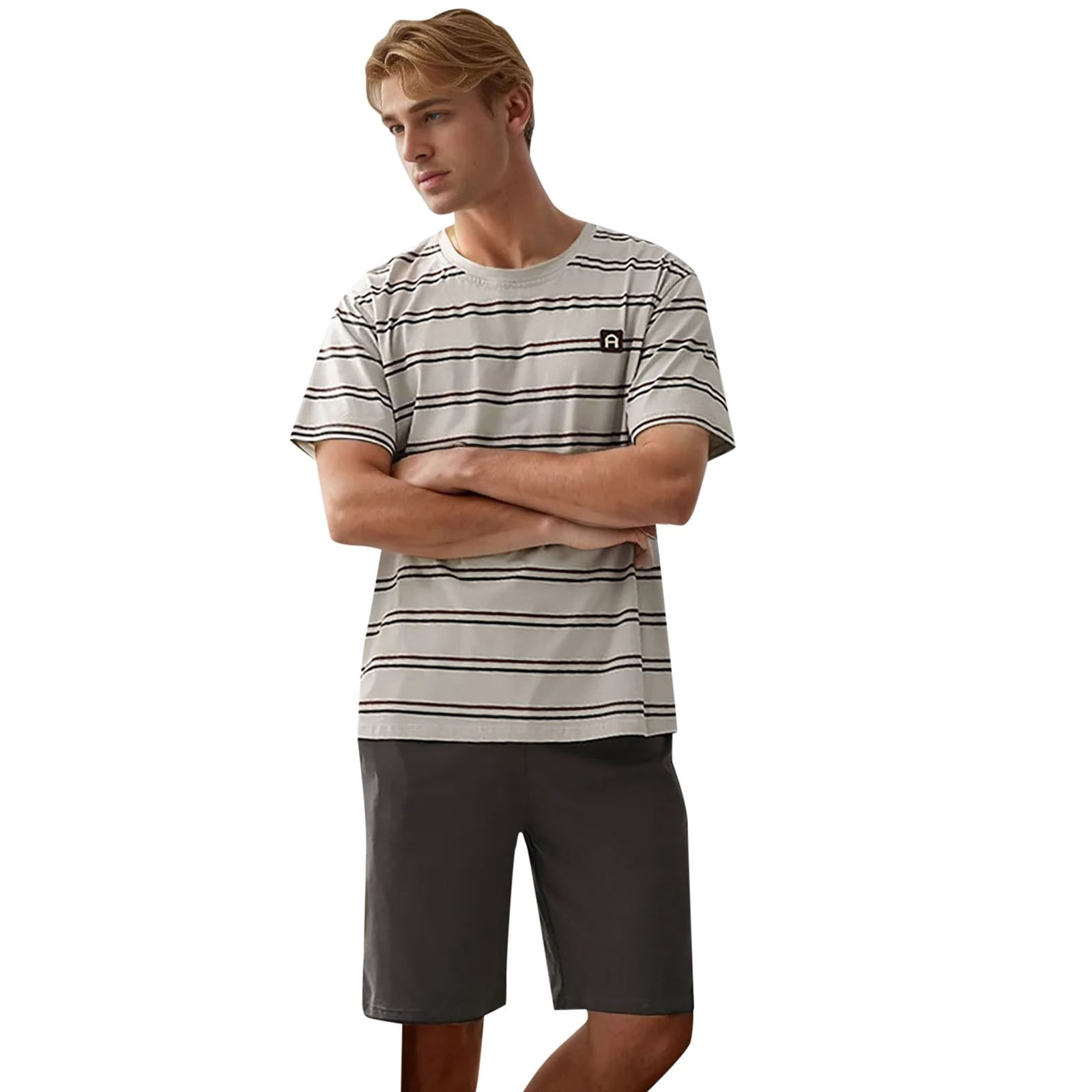 Men 2024 Summer Pure Cotton Color Striped Pajamas Men Thin Short Sleeve