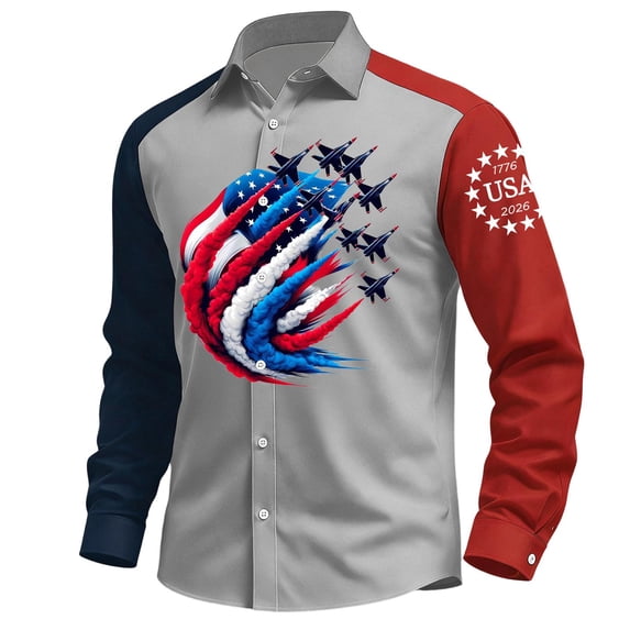 Men 250th Anniversary Shirt American Flag Printed Button Down Collared T-Shirts Fashion Long Sleeve Patriotic Tee