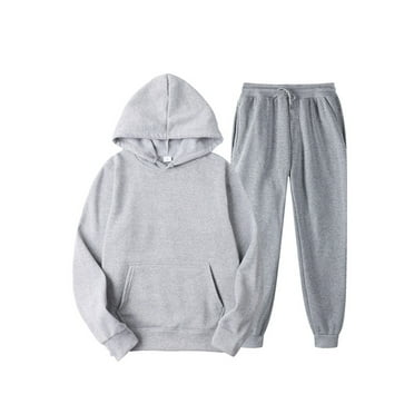 Men 2Pcs Sweatsuit Tracksuit Solid Hooded Long Sleeve Sweatshirt Drawstring Jogger Sweatpants Fall Workout Sport Outfits Light Gray M