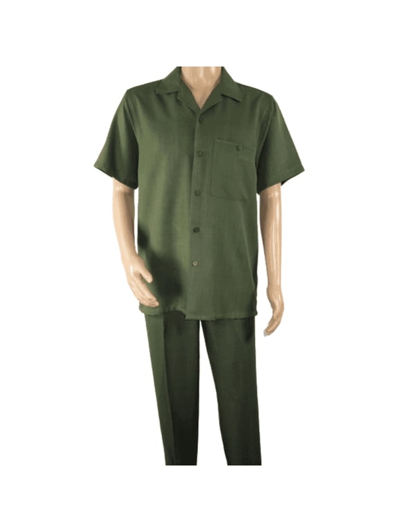 Men 2pc Walking Leisure Suit Short Sleeves By DREAMS 256-04 Solid Olive Green