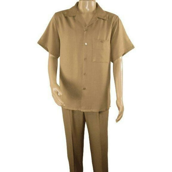 Men 2pc Walking Leisure Suit Short Sleeves By DREAMS 256-23 Solid Safari Tan