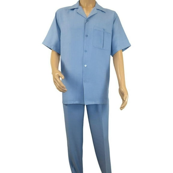Men 2pc Walking Leisure Suit Short Sleeves By DREAMS Fancy 277-11 Ocean Blue