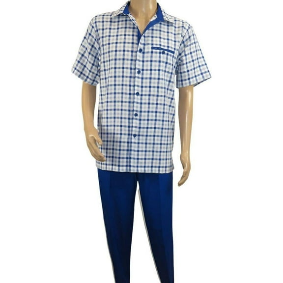 Men 2pc Walking Leisure Suit Short Sleeves By DREAMS Fancy 283-11 Royal Blue