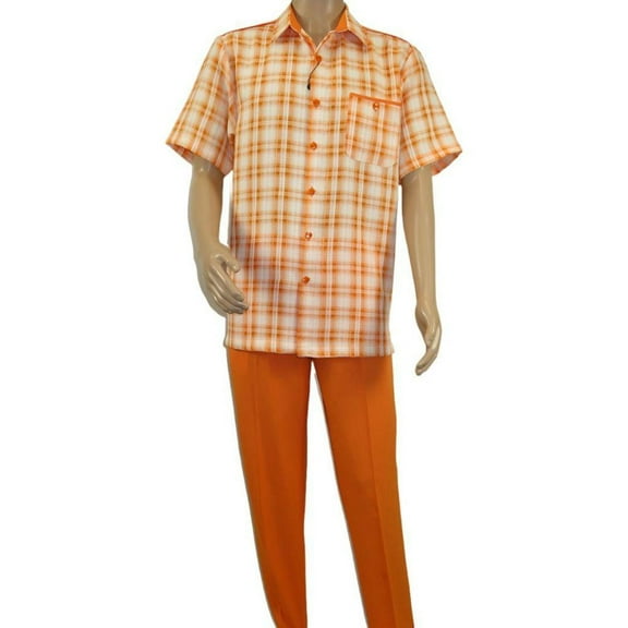 Men 2pc Walking Leisure Suit Short Sleeves DREAMS Checker 282-18 Orange