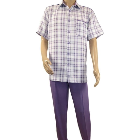 Men 2pc Walking Leisure Suit Short Sleeves DREAMS Checker 282-19 Lavender