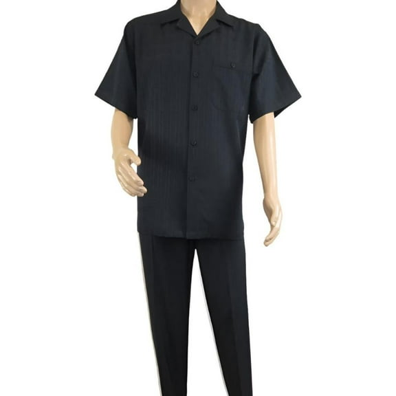 Men 2pc Walking Leisure Suit Short Sleeves DREAMS Plaid Satin 253-00 Black
