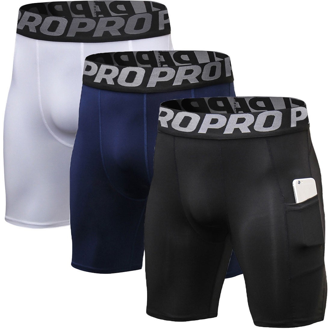Men 3 Pack Performance Compression Shorts with Phone Pocket Male Running Short Leggings Size Large