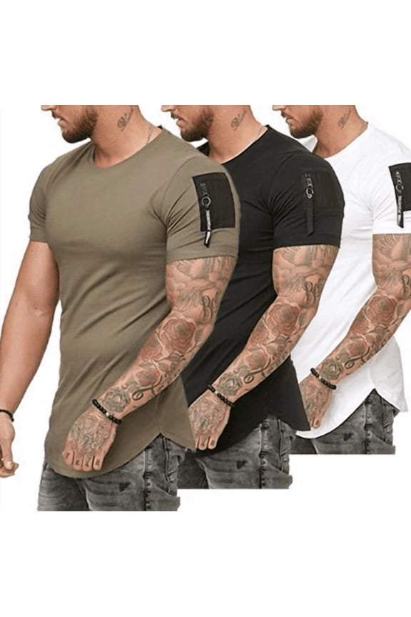 Men 3 Pack Summer Quick Dry Athletic T-Shirts Color Block Arm Cargo Pocket Curved Hem Fitness Running Tees