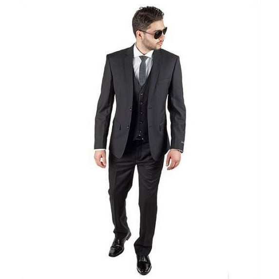 Men 3 Piece Slim Fit Double Vested Notch Lapel Black Suit