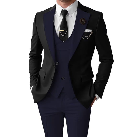 Men 3 Piece Suit Slim Fit Blazer Vest Pants Wedding Prom Suits Navy Size XL