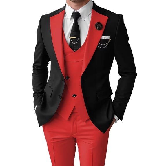 Men 3 Piece Suit Slim Fit Blazer Vest Pants Wedding Prom Suits Red Size XL