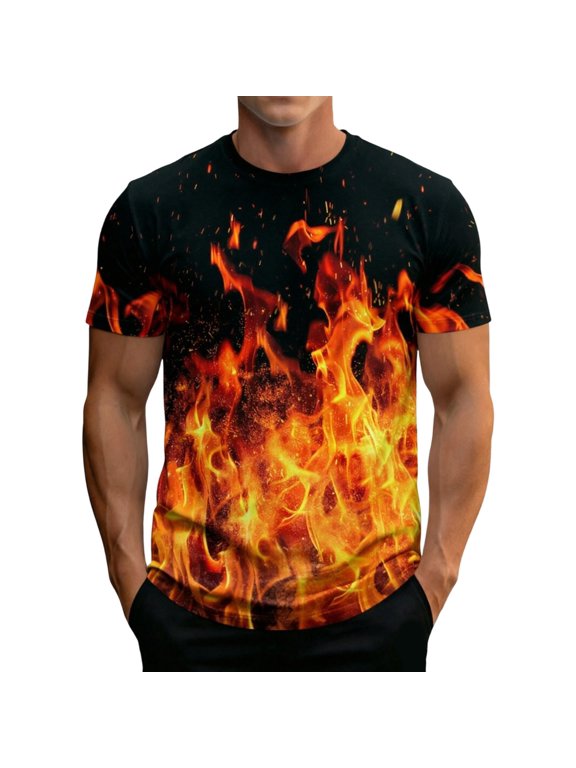 Men 3D Flame Graphic Crew Neck T-Shirt, Loose Fit Short Sleeve Cool Fire and Fierce Cat Print Basic Tee Summer Daily Casual Streetwear Tops(Orange,XXXXXL)