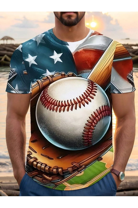 Men' 3D Full-Body American Baseball-Shirt With Strike Zone & Bat/Ball Print - Casual Short Sleeve Crew Neck Tee Suitable Baseball Fans