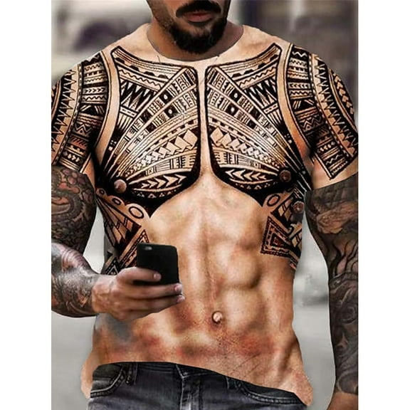 Men 3D Muscle Tattoo Print T-Shirt Short Sleeve Digital Printing Shirts Tops Tee