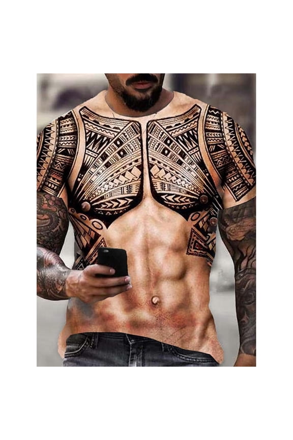 Men 3D Muscle Tattoo Print T-Shirt Short Sleeve Digital Printing Shirts Tops Tee