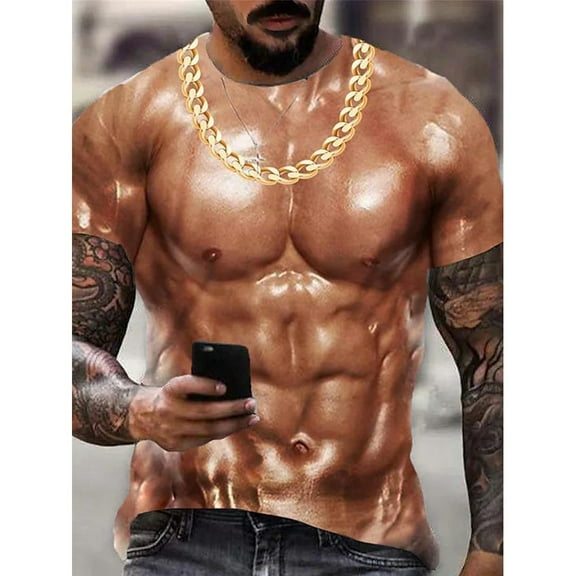 Men 3D Muscle Tattoo Print T-Shirt Short Sleeve Digital Printing Shirts Tops Tee
