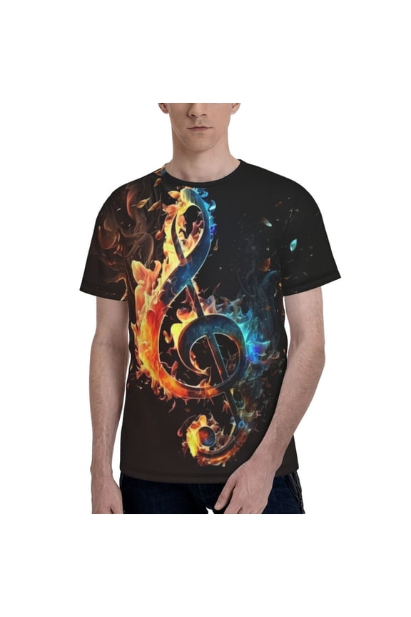 Men 3D Printed Short Sleeve Graphic T-Shirts Tops Tee, Flaming Music Notes Fire