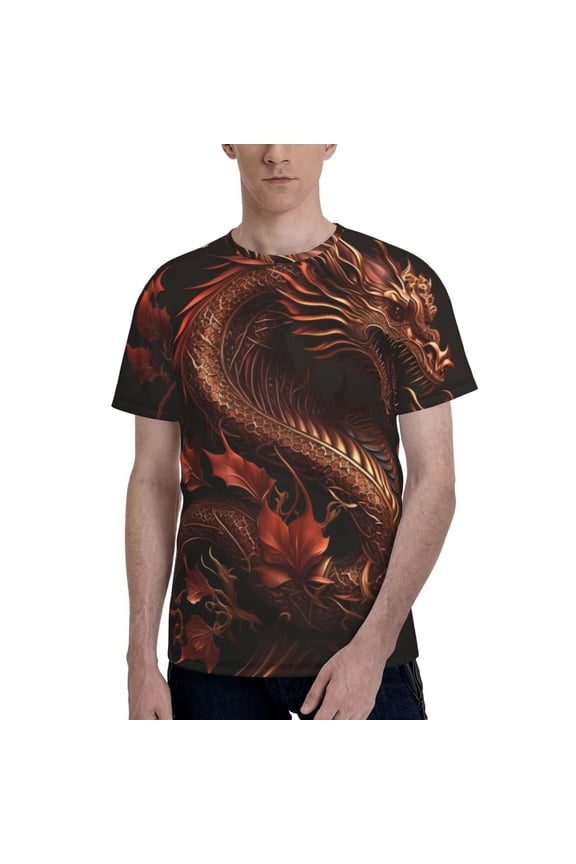 Men 3D Printed Short Sleeve Graphic T-Shirts Tops Tee, Golden Chinese Dragon Red Art