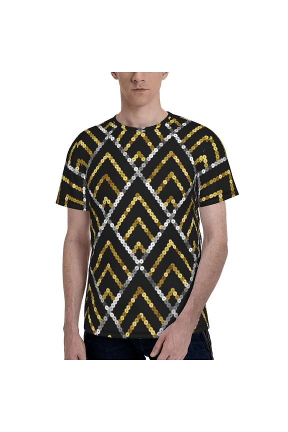 Men 3D Printed Short Sleeve Graphic T-Shirts Tops Tee, Golden Sequin Glitter Geometric