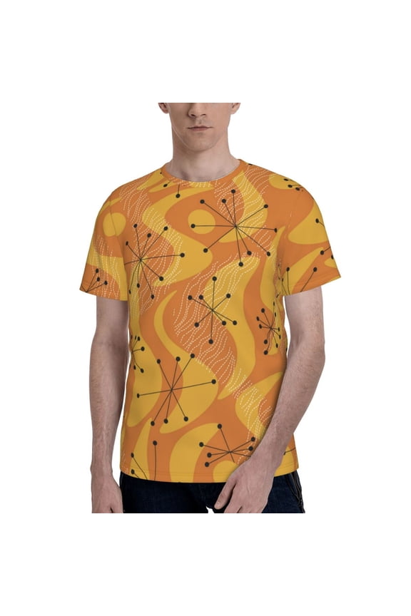 Men 3D Printed Short Sleeve Graphic T-Shirts Tops Tee, Orange Geometric Atomic Modern Midcentury