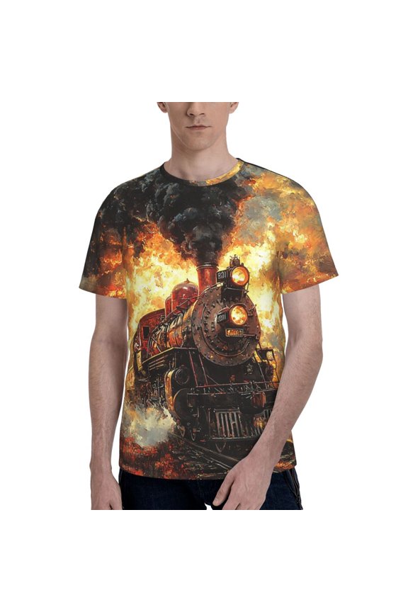 Men 3D Printed Short Sleeve Graphic T-Shirts Tops Tee, Retro Steam Train Vintage