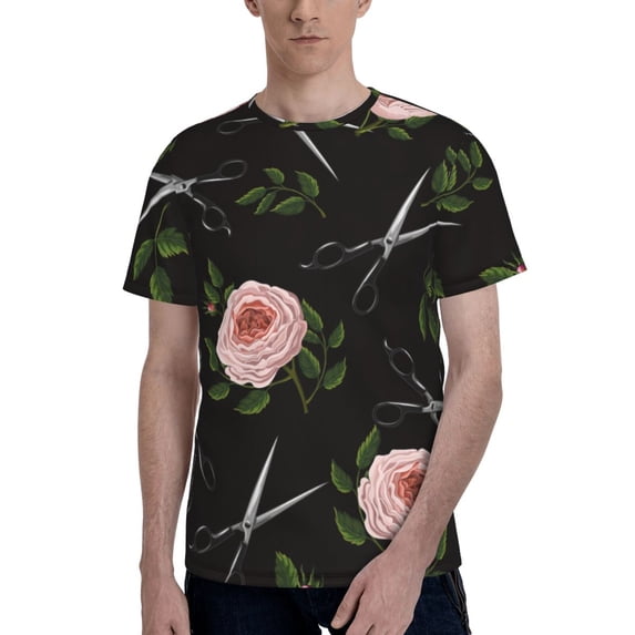 Men 3D Printed Short Sleeve Graphic T-Shirts Tops Tee, Roses Scissors Salon