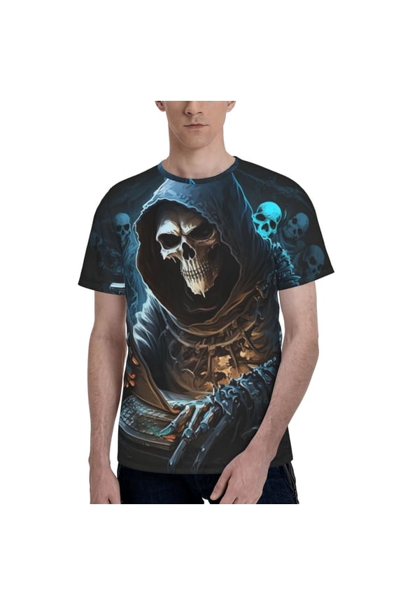 Men 3D Printed Short Sleeve Graphic T-Shirts Tops Tee, Skull Funny Grim Reaper Play Games
