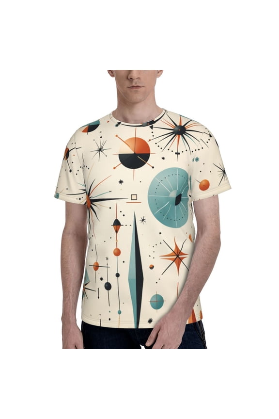 Men 3D Printed Short Sleeve Graphic T-Shirts Tops Tee, Star Retro Mid Century Vintage Atomic Art