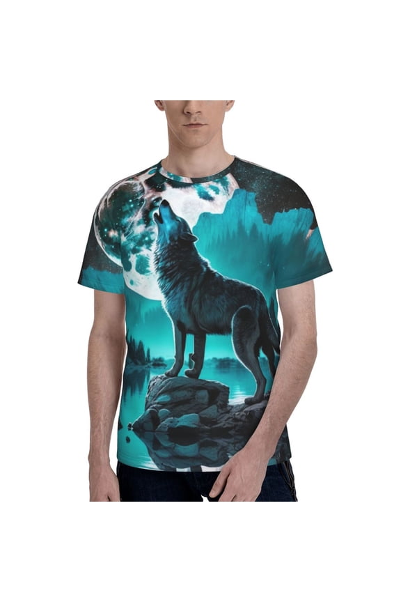Men 3D Printed Short Sleeve Graphic T-Shirts Tops Tee, Wolf Howling River Night Moon Cool