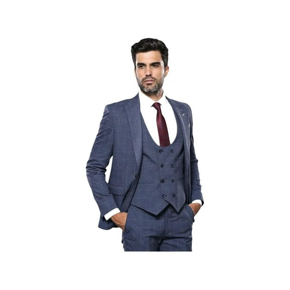 Men 3pc European Suit WESSI by J.VALINTIN Extra Slim Fit JV33 Navy Window Pane