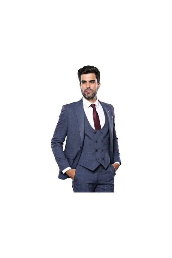 Men 3pc European Suit WESSI by J.VALINTIN Extra Slim Fit JV33 Navy Window Pane