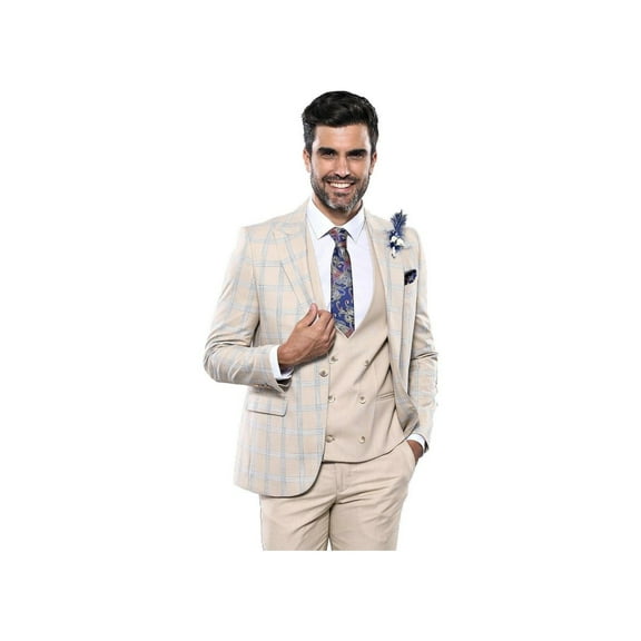 Men 3pc European Vested Suit WESSI by J.VALINTIN Extra Slim Fit JV31 Beige plaid